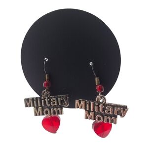 Military Mom Handmade Earrings Silver Tone Red Heart Glass Dangling